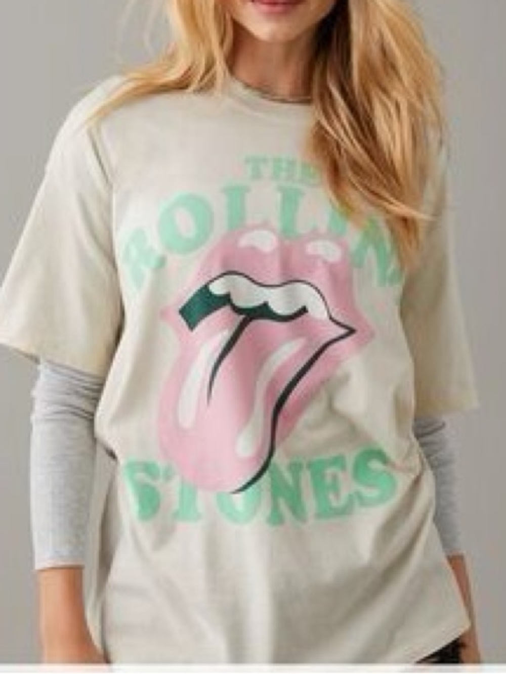 American Eagle Women’s Oversized Rolling Stones Graphic Tee Cream Size XS/S